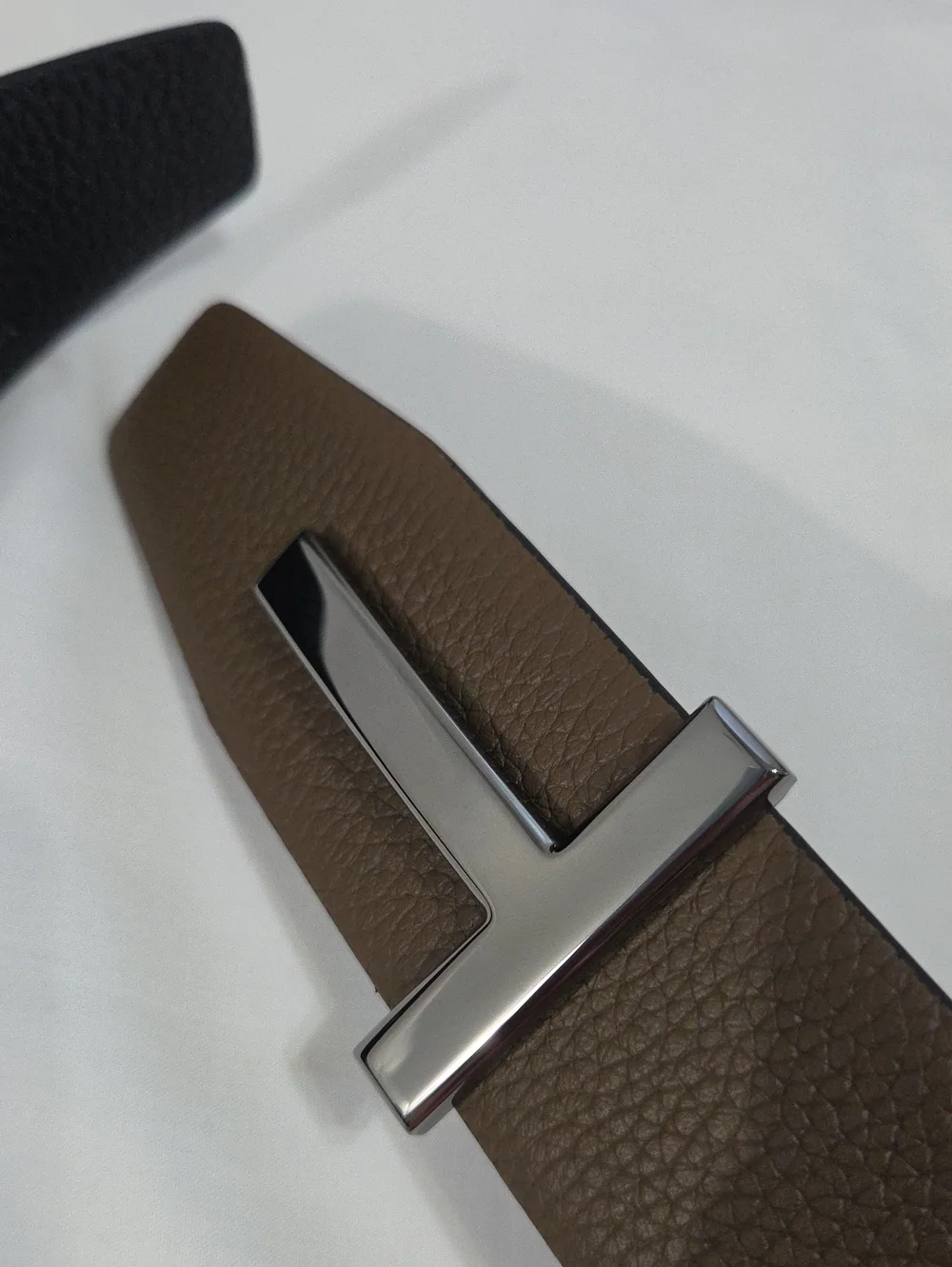 Tom Ford Black & Brown Leather Belt Dark T Buckle Accent